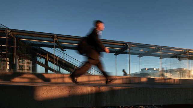 Blurred Businessman Walking Fast Outside Modern Office Building