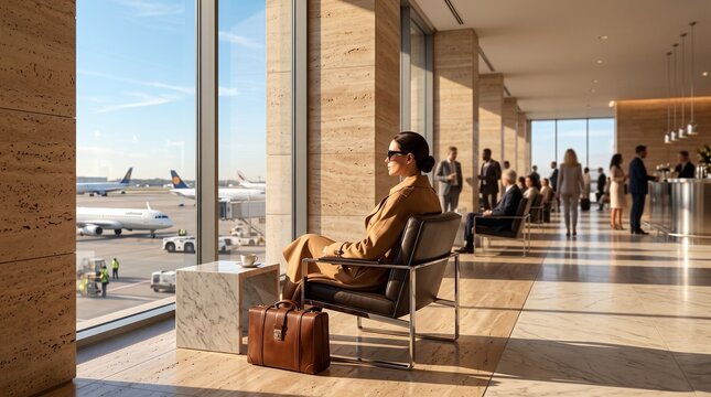 Businesswoman Sitting in Luxury Airport Lounge Looking at Tarmac