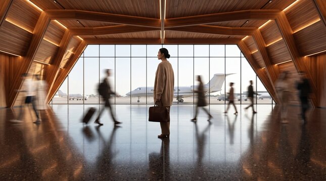 Woman Standing in Modern Airport Terminal with Private Jet
