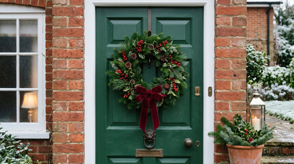 Fototapeta premium A lush green Christmas wreath adorned with a deep red velvet bow hangs on a classic dark green front door.