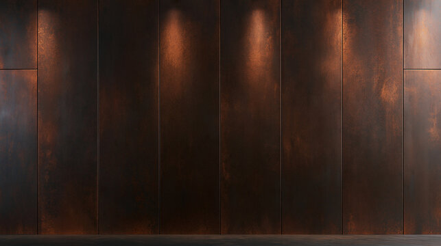 Modern Dark Bronze Metal Panel Wall Texture with Spotlights