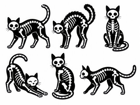 Set of skeleton black cats. Collection of silhouette halloween cats with bones costume. Funny pets. Vector illustration on white background. Tattoo.