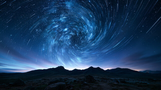 Swirling Star Trails Vortex Over Dark Mountain Landscape