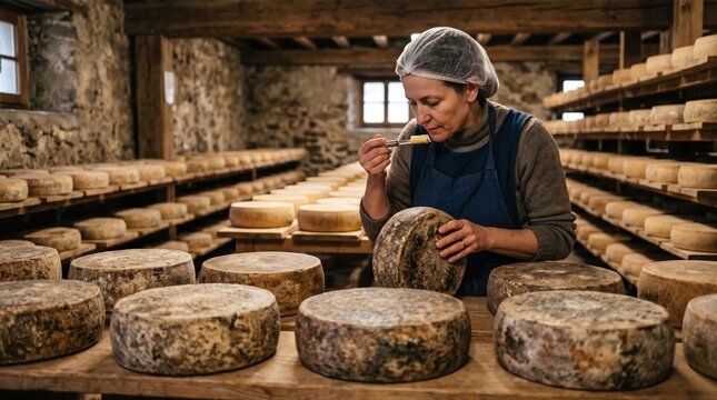 Artisan cheese maker inspecting aged wheels in rustic cellar