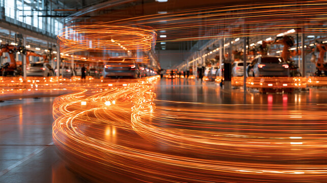 Automated Car Factory Production Line with Motion Light Trails