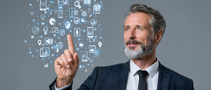 Collection of flat ui icons with a businessman in a suit application icon app digital interface user design two color vector graphic technology modern