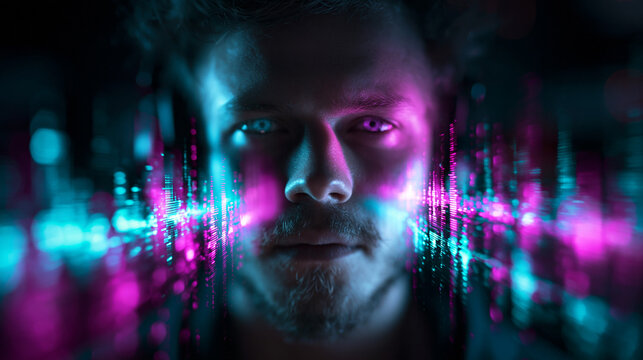 Futuristic Cyberpunk Portrait of Man with Digital AI Data Overlay