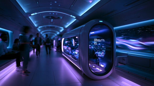 Futuristic High Speed Pod Transit Interior with Neon Lighting