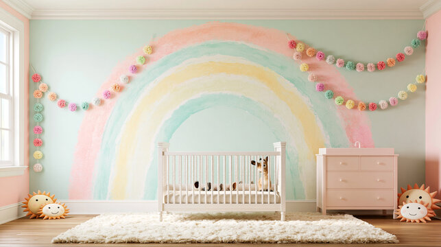 Baby Nursery Interior with Rainbow Wall Mural and White Crib