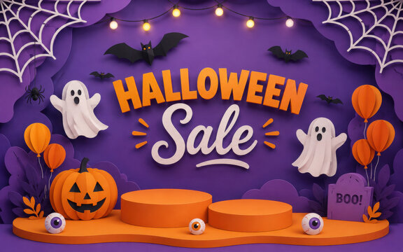 Sale halloween background. halloween offer design template with podium display product.