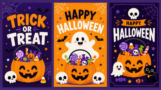 Set of Happy Halloween and Trick or Treat greeting cards. Celebration party invitations or poster designs. Vector illustration.