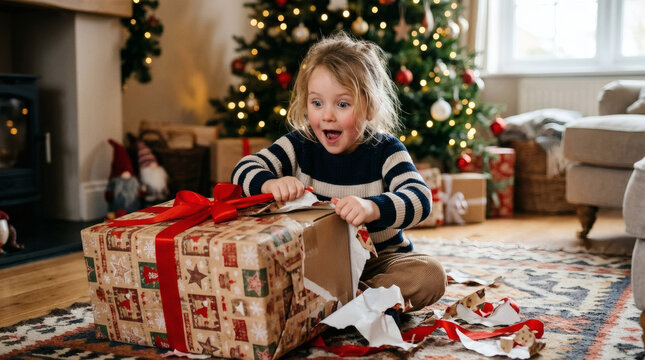 An excited young boy is enthusiastically tearing open a large, beautifully wrapped Christmas present by the fireplace and decorated tree.