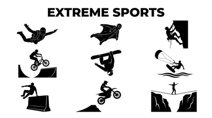 Fototapeta premium Extreme sports silhouettes collection featuring skydiving, climbing, snowboarding, and motocross on white background.