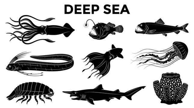 Deep Sea Creature Silhouettes and Abyssal Marine Life Vector Set