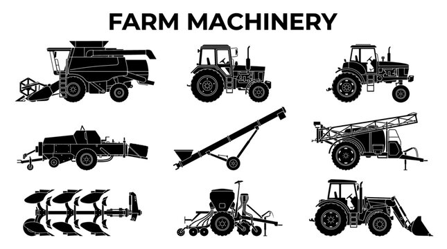 Set of agricultural machinery silhouettes including tractors, combine harvester, plow, and sprayer isolated on white