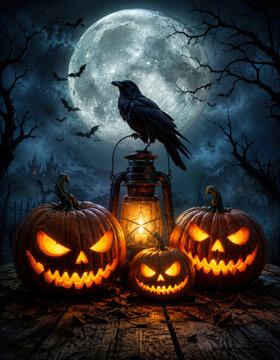 Spooky halloween pumpkins on wooden planks