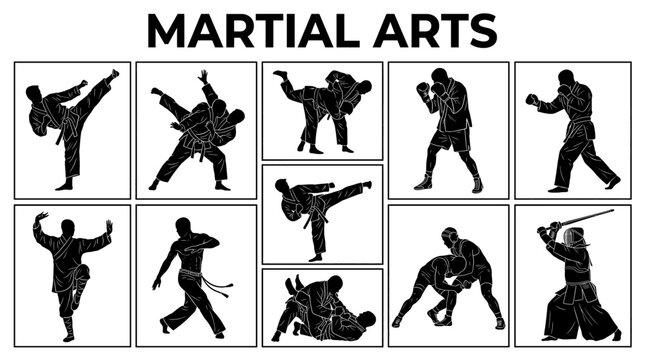 Martial Arts Training Silhouette Set with Karate Judo Boxing and Kendo Icons Isolated on White