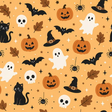 Halloween seamless pattern design with ghost, skull, pumpkin and
