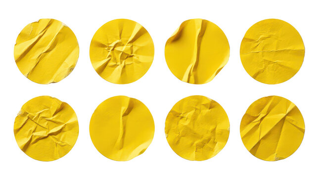 Set of eight yellow crumpled paper circles isolated on transparent background