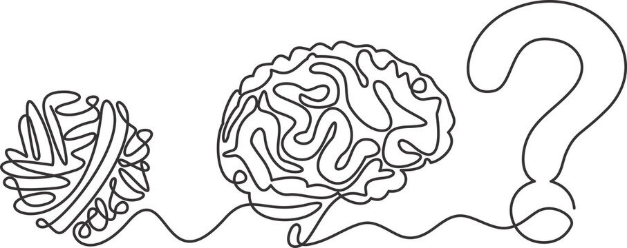 Single continuous line art of a tangled yarn ball becoming a brain and then a question mark, confusion and search for answers concept, hand drawn 