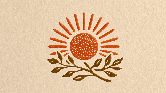 Sun and Twig Icon: A minimalist graphic design featuring a stylized sun with radiating rays above a delicate twig with leaves, symbolizing growth and nature.