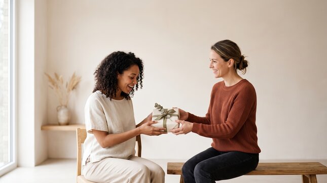 Two women sharing a heartfelt moment over a small gift in cozy indoor setting