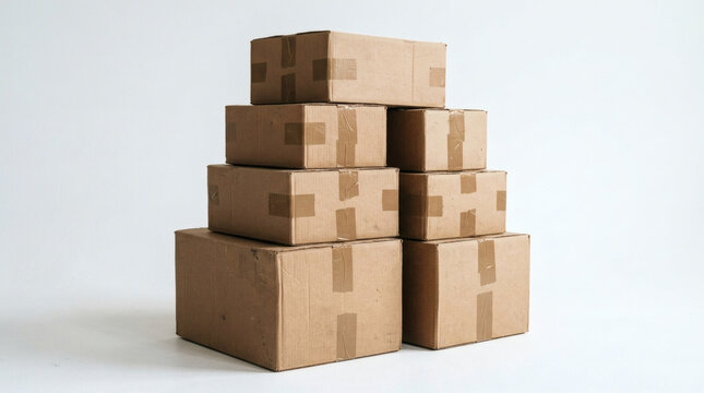 A neat stack of identical brown cardboard boxes is carefully balanced against a plain white background.
