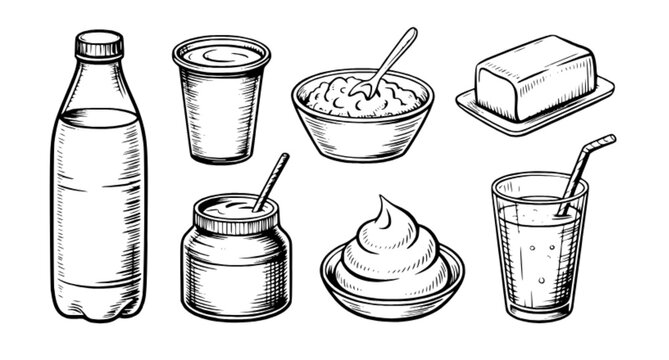 Hand Drawn Dairy Products Vintage Engraving Vector Set