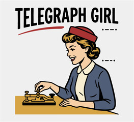Vintage style illustration of a smiling woman operating a telegraph machine with the text telegraph girl written above her © Mobaidul