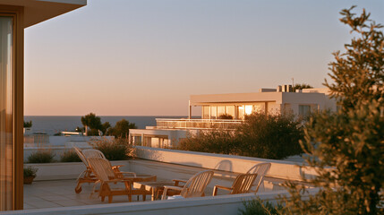 Fototapeta premium Seaside Serenity: An inviting rooftop terrace with lounge chairs overlooks a tranquil ocean at sunset, offering a perfect escape for relaxation and peace.