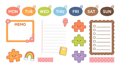 Sweet Kawaii Weekly Planner Sticker Set with Colorful Weekday Tabs Floral Memo Frame Lined Notebook Paper Puzzle Pieces and Checklist Template © Mithunkumar