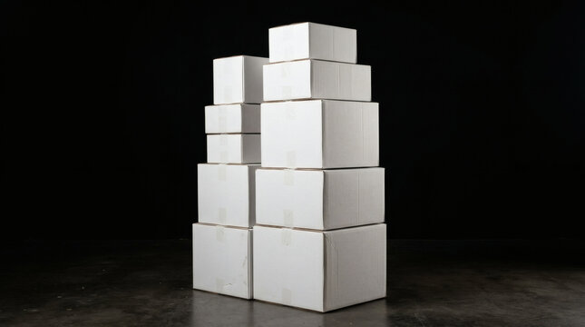 A neat stack of white cardboard boxes of various sizes is arranged in a pyramid shape against a dark background.