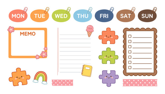 Sweet Kawaii Weekly Planner Sticker Set with Colorful Weekday Tabs Floral Memo Frame Lined Notebook Paper Puzzle Pieces and Checklist Template
