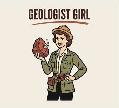 Vintage style illustration of a female geologist wearing a pith helmet and holding a large rock with a crystal inside
