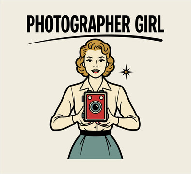 Vintage style illustration of a young woman holding a retro camera with the text photographer girl written above her head