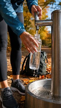Hiker refilling water bottle at outdoor drinking fountain