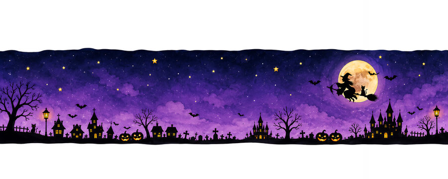 ハロウィンの街並みシルエット 水彩風ボーダー背景