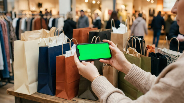 A shopper in a clothing store holds a smartphone with a green screen amidst a colorful array of shopping bags on a wooden surface.