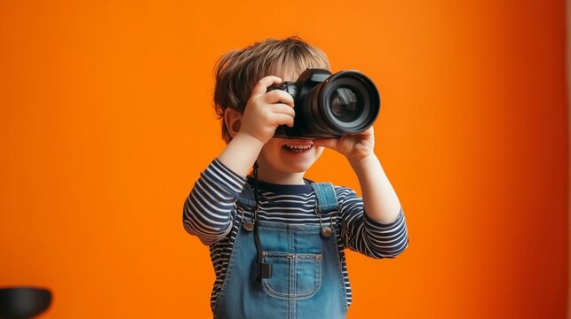 Smiling Child Holding Camera Against Bright Orange Background
