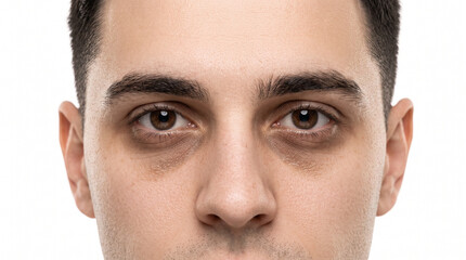 Naklejka premium Young fair white man with severe dark circles and tired eyes in extreme close up for men's skincare dermatology wellness and healthcare advertising