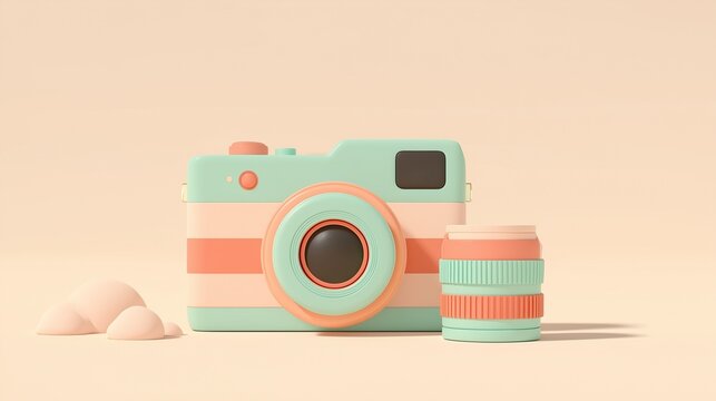 Pastel retro toy camera with accessory on beige background