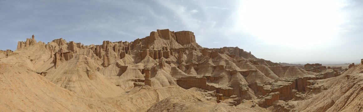 View of the rugged sandstone pillars and eroded rock formations of the Yadan landform in Baicheng County, Aksu Prefecture, Xinjiang, China.