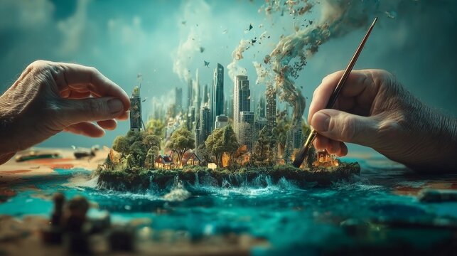 Hands Creating a Surreal Miniature Island City in Turquoise Sea