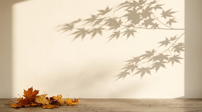 Pile of dry autumn maple leaves on a rustic wooden floor with a beautiful leaf shadow cast on the wall in a cozy room during a sunny fall day
