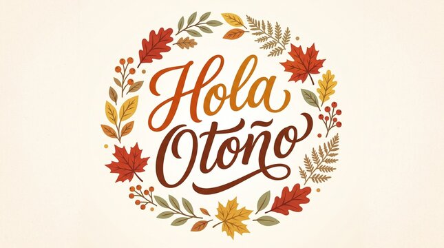 Hola Oto&ntilde;o Autumn Greeting Illustration with Colorful Fall Leaves Wreath and Elegant Calligraphy Text