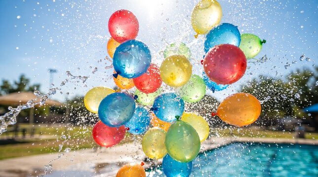 Colorful Water Balloons Splashing in the Air Over a Swimming Pool During a Sunny Summer Day Celebration