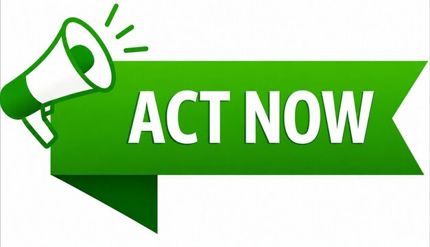 Green megaphone banner with act now text and lightbulb graphic
