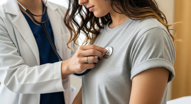 Doctor Using Stethoscope to Listen to Patient's Heartbeat and Lungs During Medical Examination