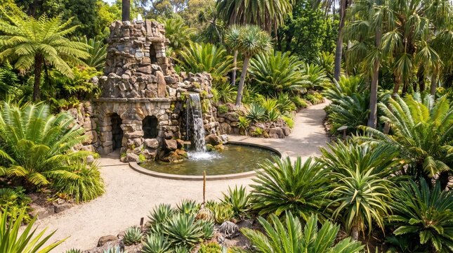 Serene Botanical Garden with Ornate Stone Grotto Fountain and Lush Tropical Palm Trees
