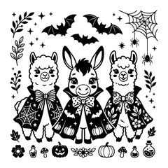 Obraz premium Cute Halloween animals wearing vampire capes with bats and pumpkins